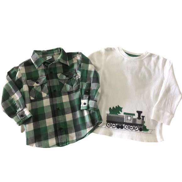 Gymboree Other - Gymboree Holiday Plaid Flannel Shirt / White Thermal Tee Train & Tree 2T